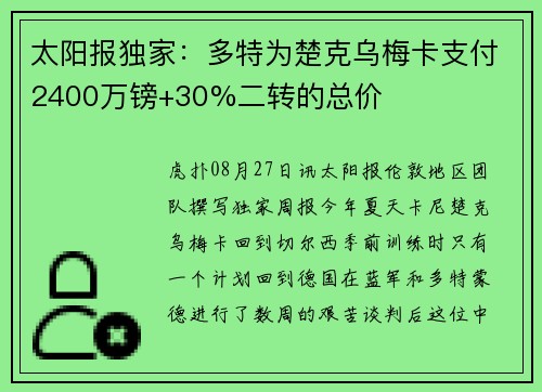 太阳报独家：多特为楚克乌梅卡支付2400万镑+30%二转的总价